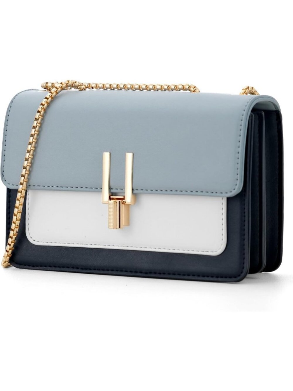 Women's Blue Color Block Leather Purse Chain Strap Crossbody Shoulder Bag
